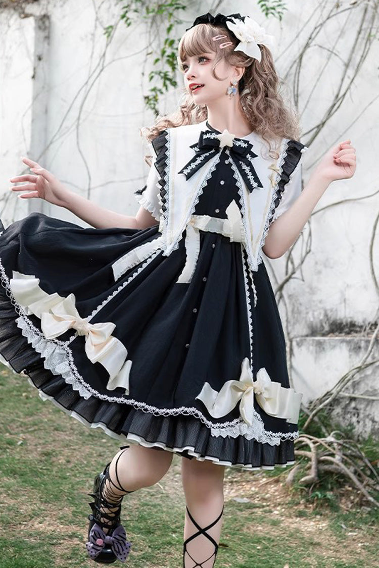 Black Sweet Lolita Dress Short Sleeved Bowknot Lace Stitched Ruffled - Sleeping Star
