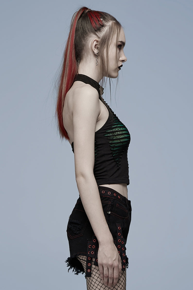 Spider Print Hollow Stitching Ripped Steampunk Vest