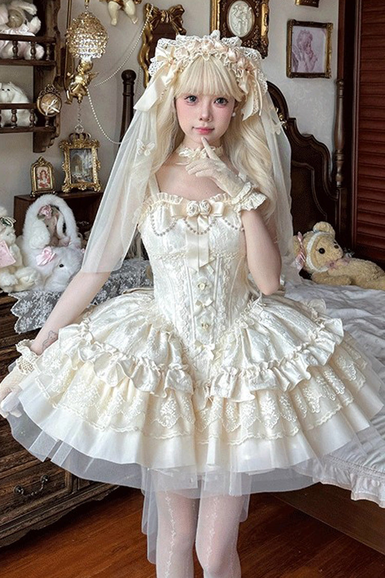 Cream Fleeting Light Shallow Dream Sleeveless Multi-Layer Frilled Bow Lace Slim Ballet Sweet Lolita JSK Dress