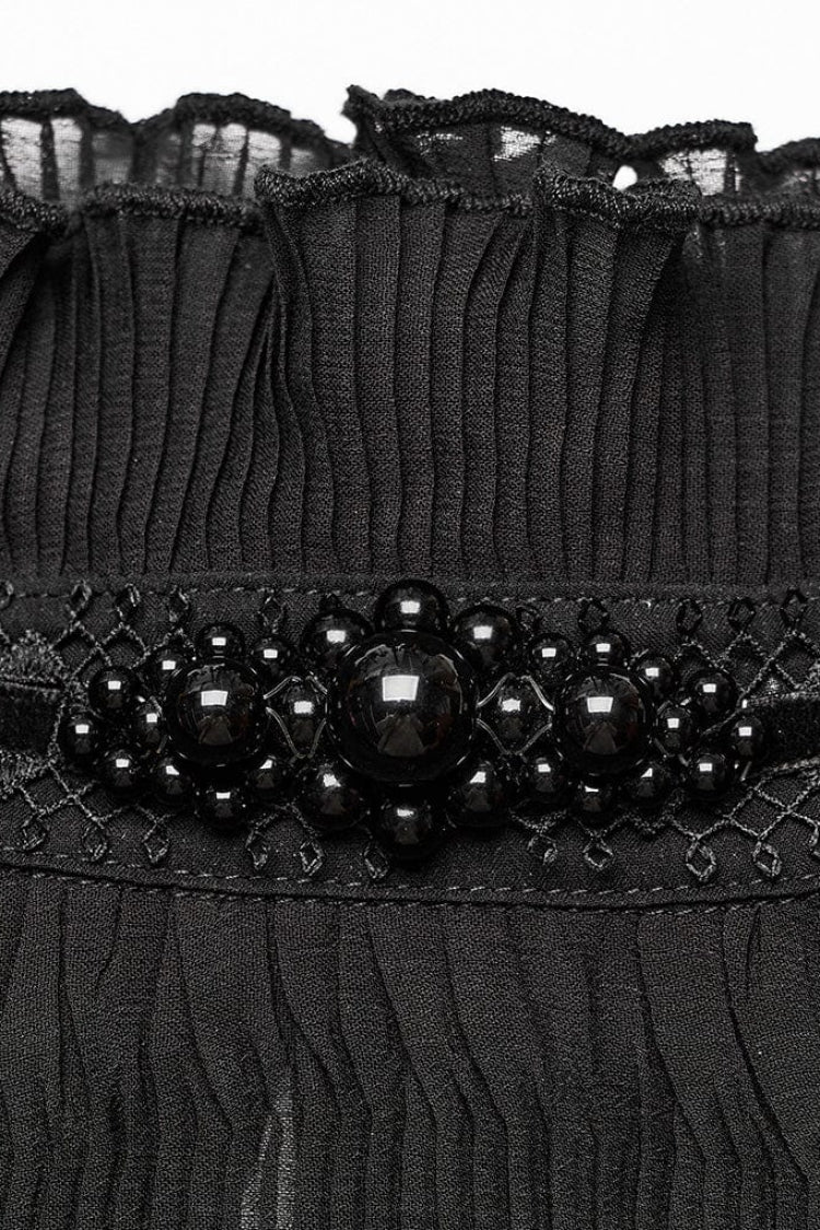 Jet-Black Gothic Blouse with Puffed Sleeves and Delicate Lace