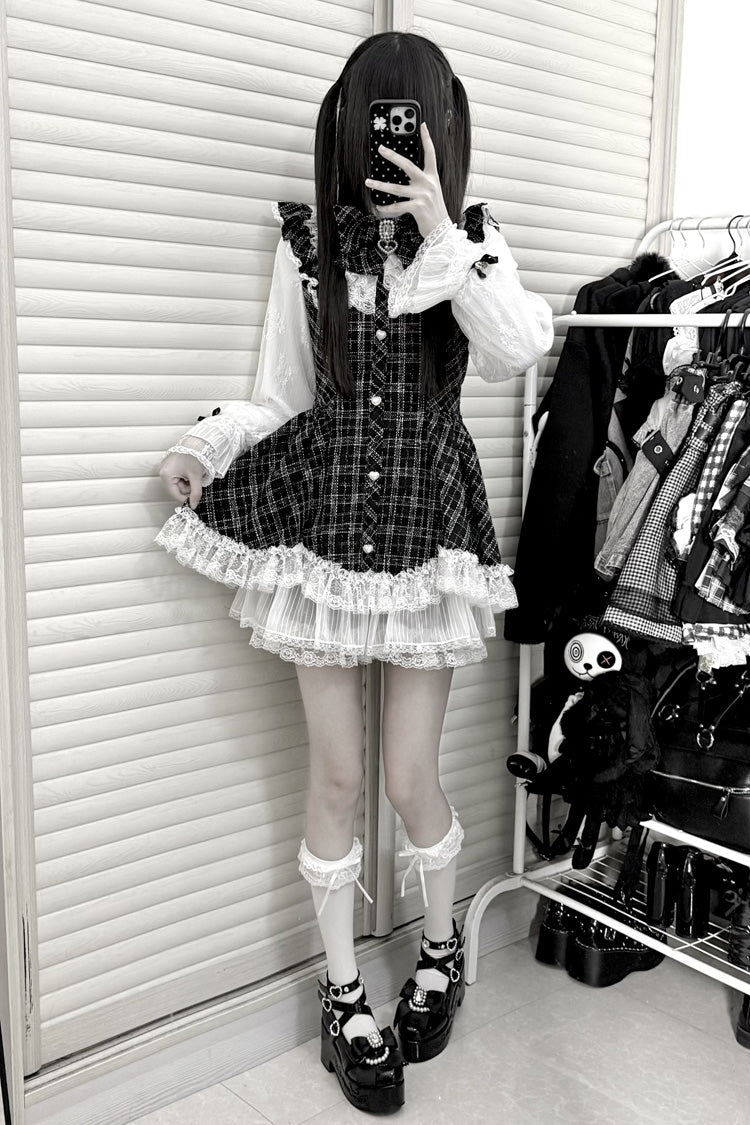 Black Plaid Print Ruffle Bow Lace Sweet Jirai Kei Dress with Shorts