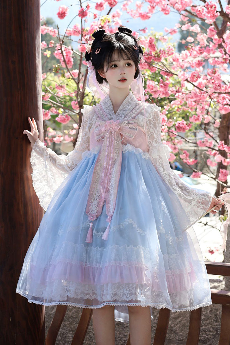 Peach Blossoms in Spring Fields Sweet Chinese Lolita JSK with Ruffles