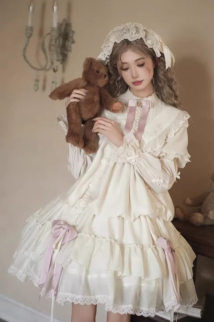 Cream Glass Flower Room Short Sleeve Triple-Layer Rose Embroidery Bow Corset Sweet Lolita Dress Set