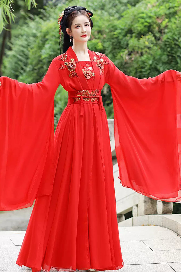 Crimson Chinese-Style Hanfu Dress with Hot Stamping Embroidery