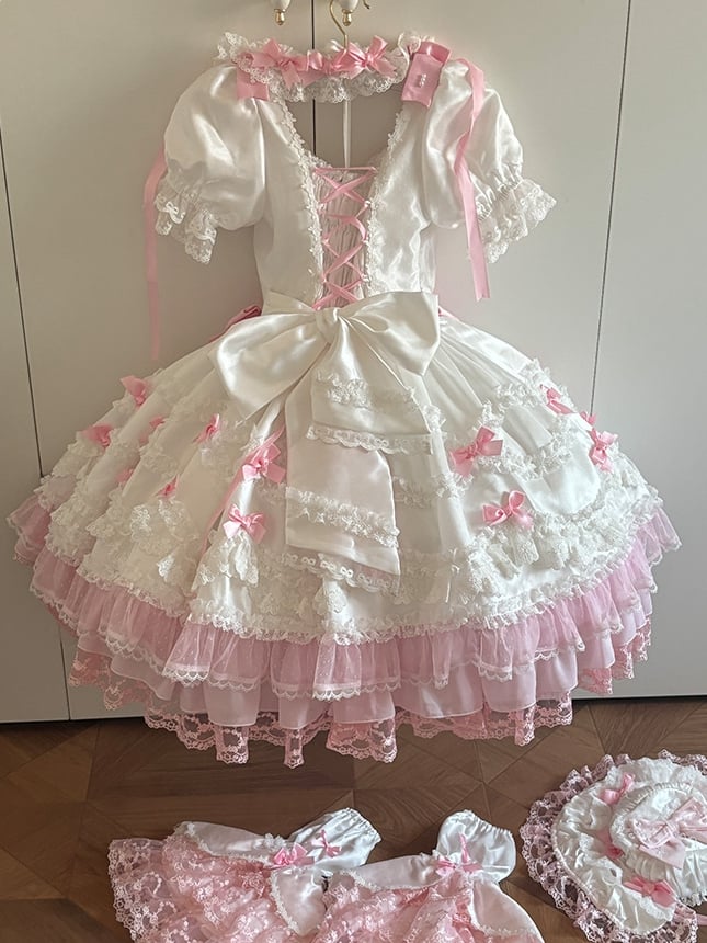 with Sweet Accents High Sleeves White Pink Waist Dress Princess Detachable Bow Lolita