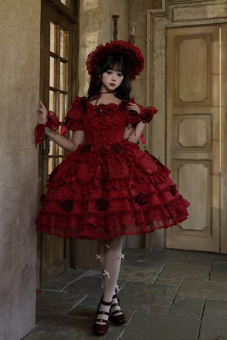 Rose Manor Square Collar Short Sleeves Ruffled Bow Lace Classic Lolita Dress - Red