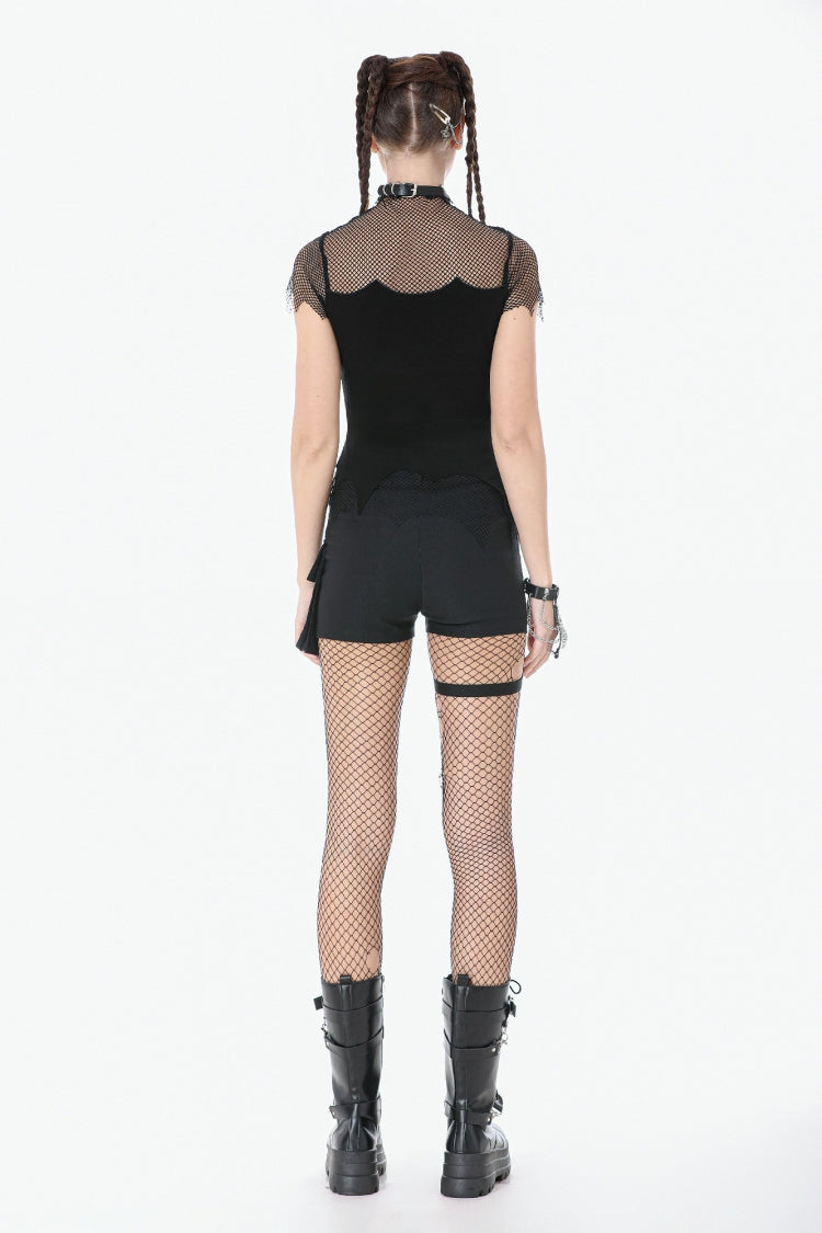 Dark Punk Top with Mesh Cutouts and Chain Embellishments
