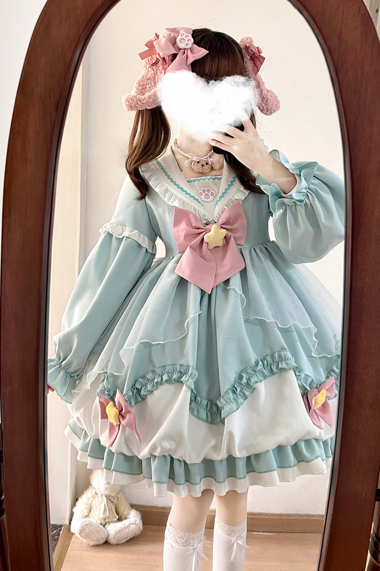 Pray Star Sweet Lolita Dress with Double Ruffles and Stitching