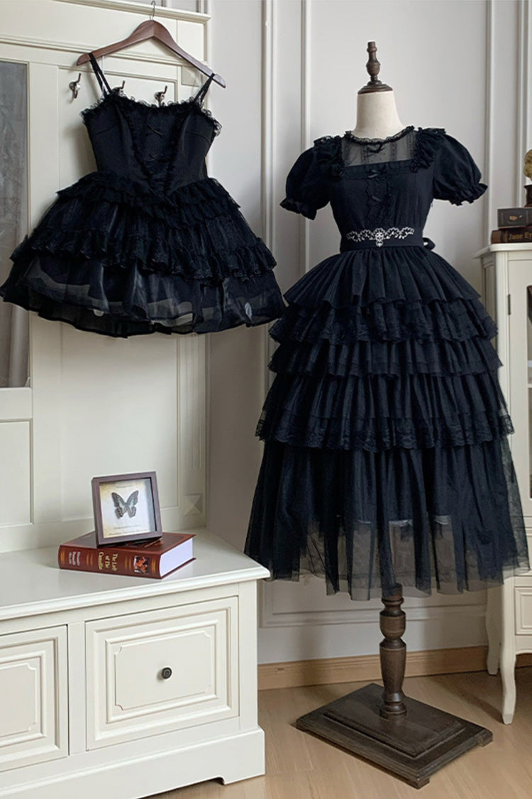 Black Gothic Dress with Five-Tiered Ruffle Sleeves