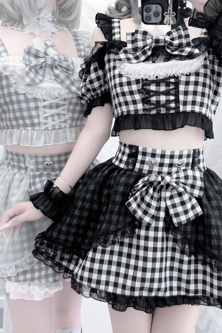 Jirai Kei Skirt Set with Plaid Print and Lace-Up Front - Night Rabbit Dream, Short Sleeves