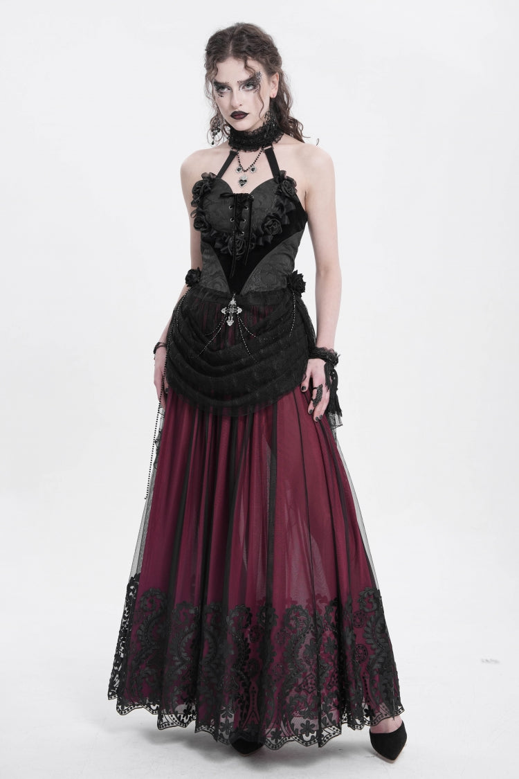 Elegant Black Rose Heart Lace Embroidered Sleeveless Halter Gothic Shirt