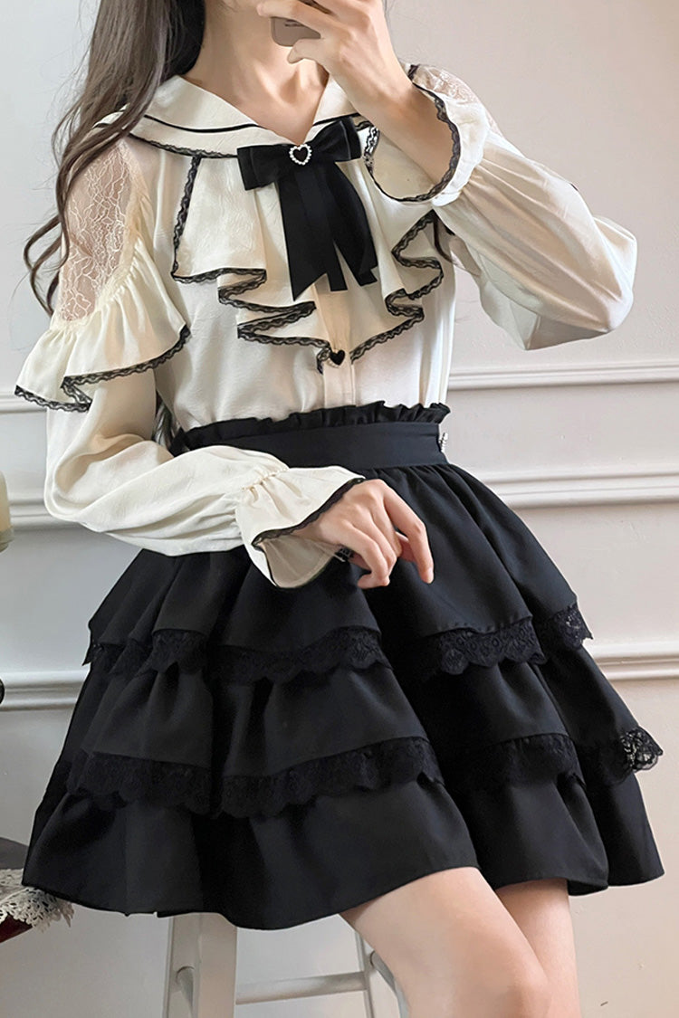 Sailor Collar Multi-Layered Ruffle Bowknot Jirai Kei Skirt Set - Black/White