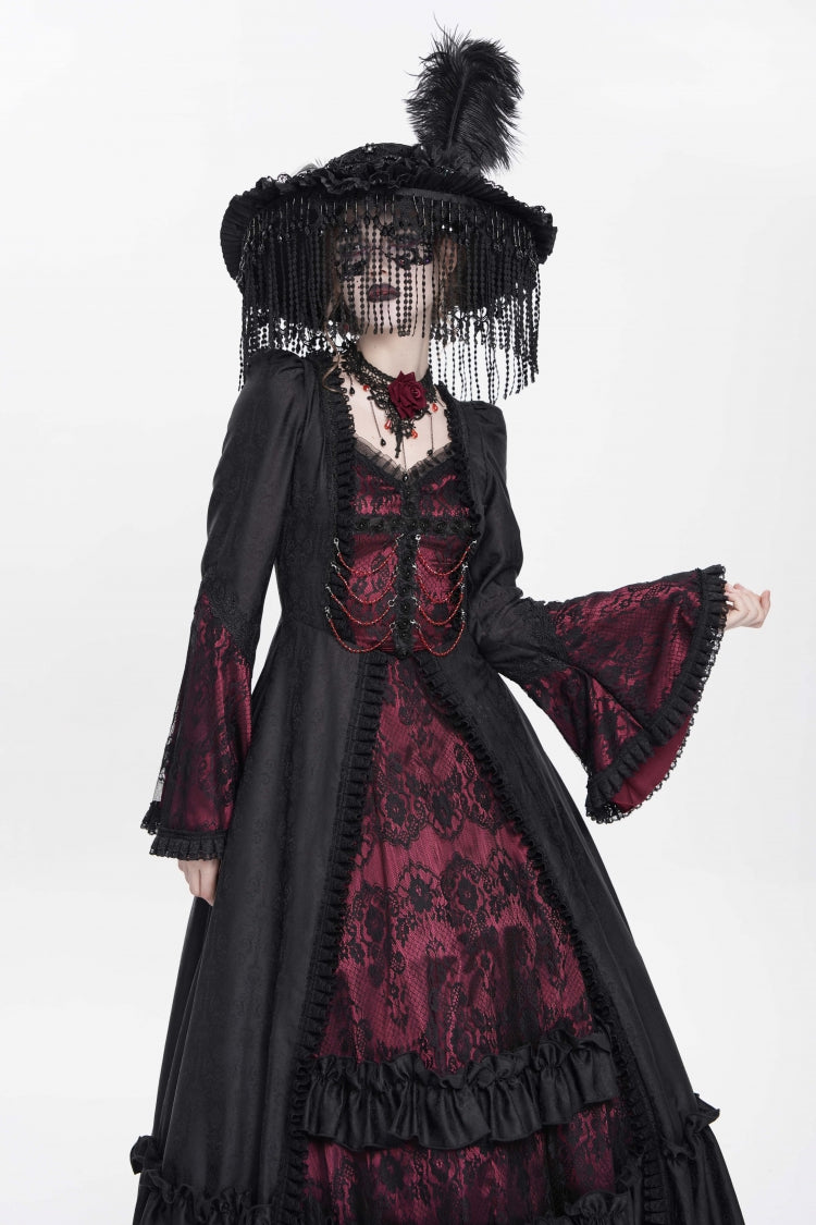 Scarlet Embroidered Lace-Up Pleated Gothic Dress