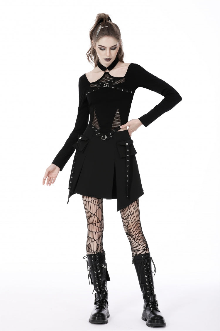 Trendy Black Eyelet Mesh Splice Long Sleeve Halter Punk Crop Top