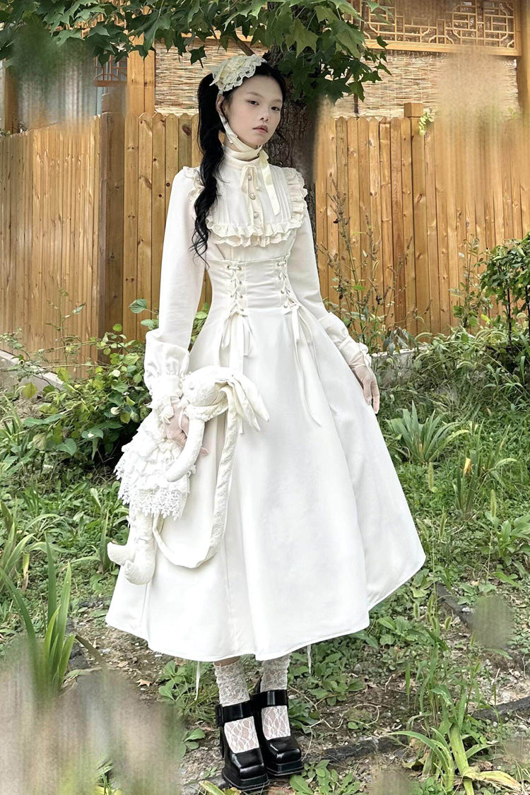 Gothic Apricot Stand Collar Long Sleeve Ruffled Lace-Up Lolita Dress