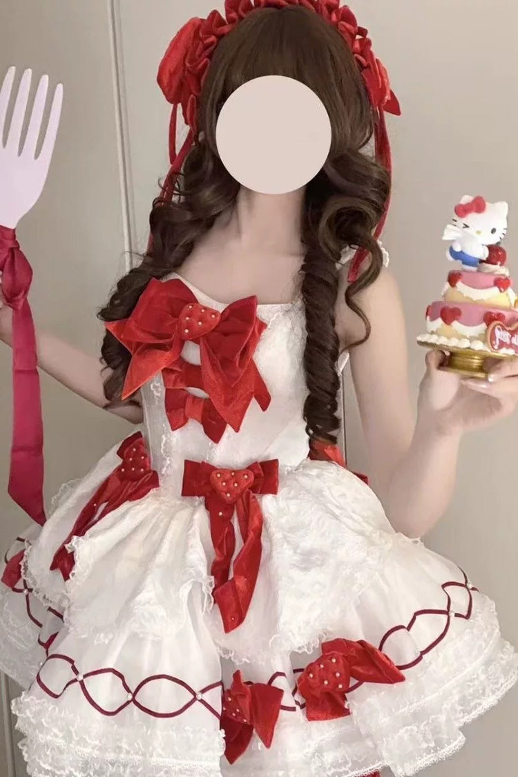 Ivory and Red Jasmine Rain Strawberry Square Neck Sleeveless Triple-Layer Jacquard Bow Lolita JSK
