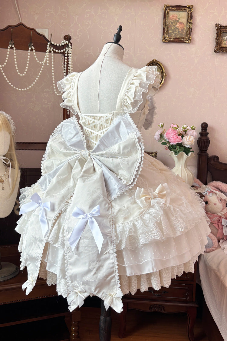 Ivory Sleeveless Triple Ruffled Embroidered Bow Lace-Up Pearl Plus Size Lolita JSK