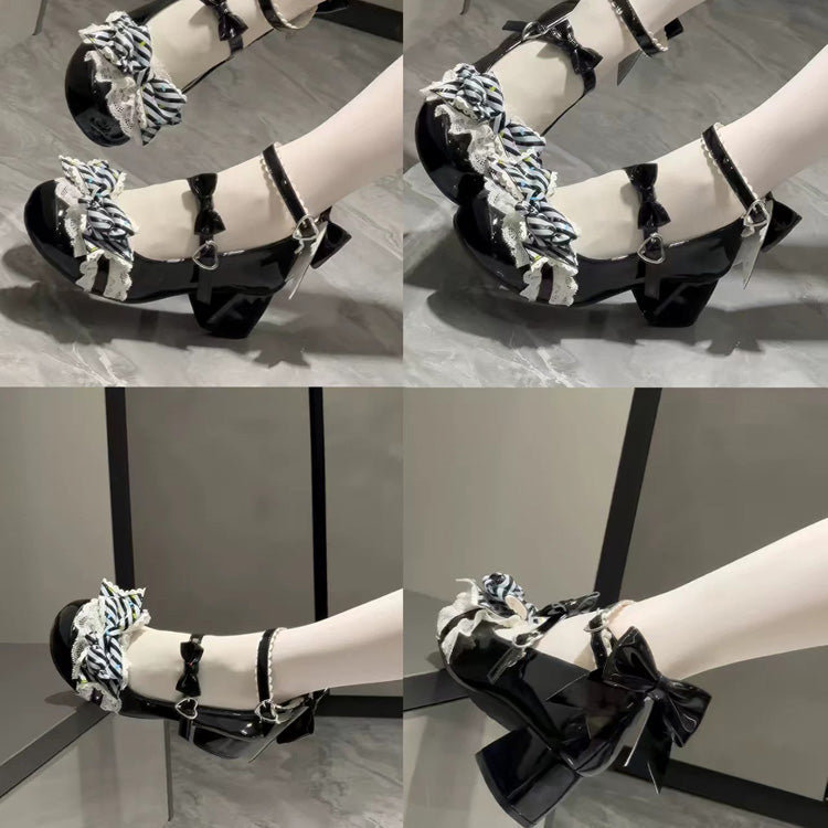 Ribbon Frilled Lace-Up Girly Lolita High-Heel Pumps - 3 Tones