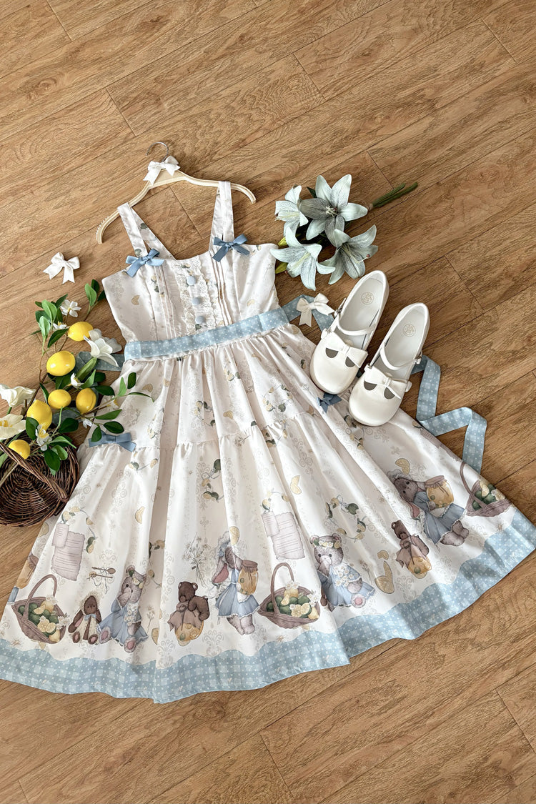 Cream Midsummer Bunny Bear Printed Bow Frilled Sweet Lolita Dress Two Variants