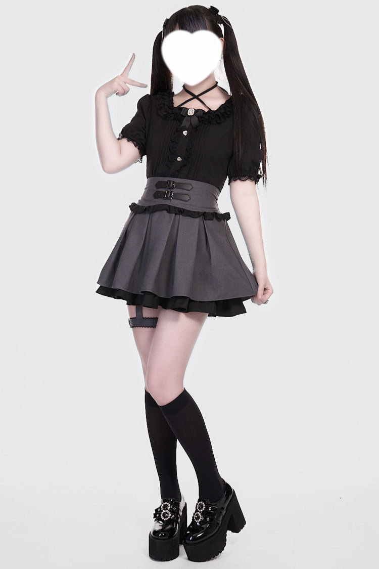 Grey Black Leather Buckle Leg Ring Double-Layer Ruffle Sweet Jirai Kei Skirt