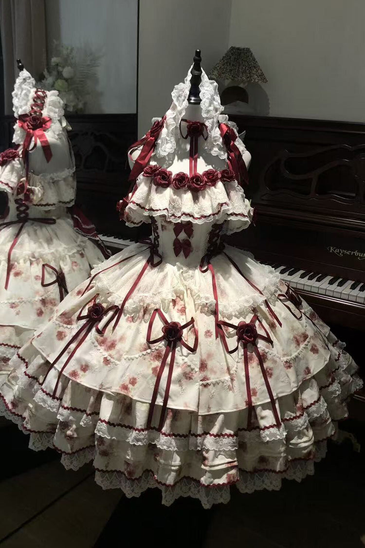 Ivory and Crimson Love Note Sleeveless Multi-Layer Printed Bow Lace-Up Gothic Lolita JSK Set