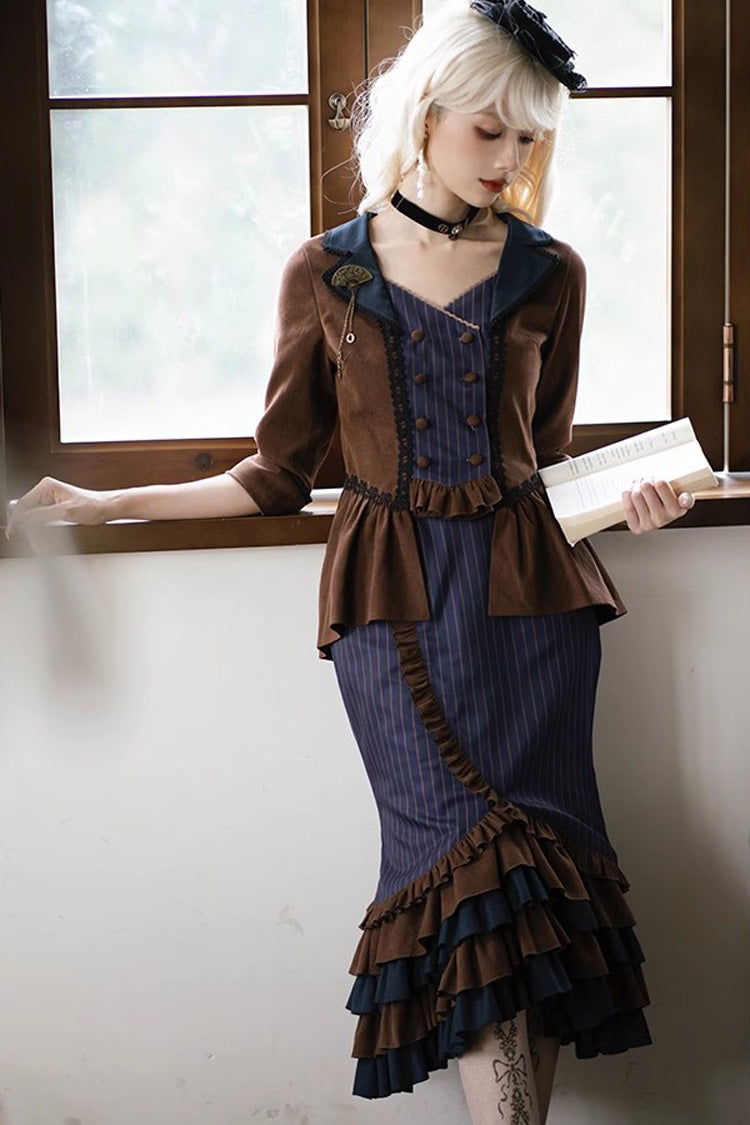 Blue Brown Time Traveler Long Sleeved Layered Printed Punk Mermaid Skirt Set