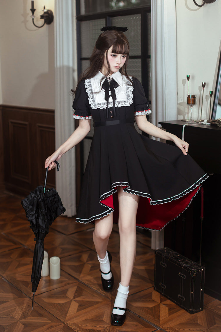 Rosalind Lapel Collar Short-Sleeve Bow Lace Gothic Maid Lolita Dress