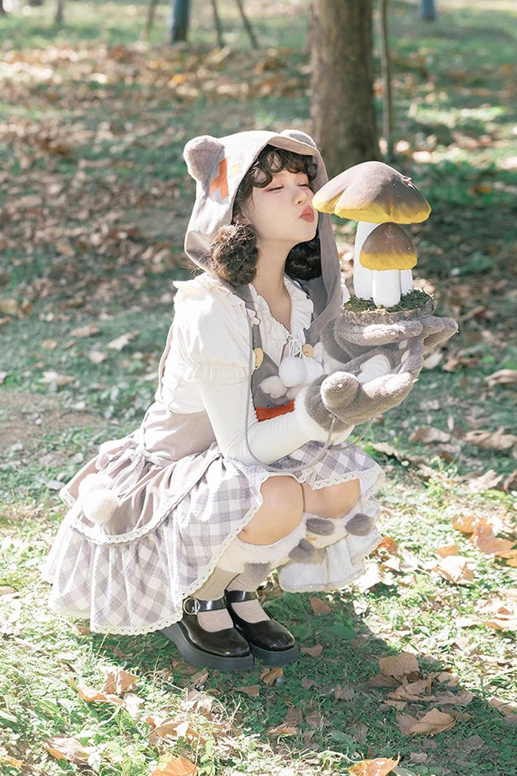 Grey Cute Grizzly Bear Plaid Bowknot Sweet Lolita Jsk Dress