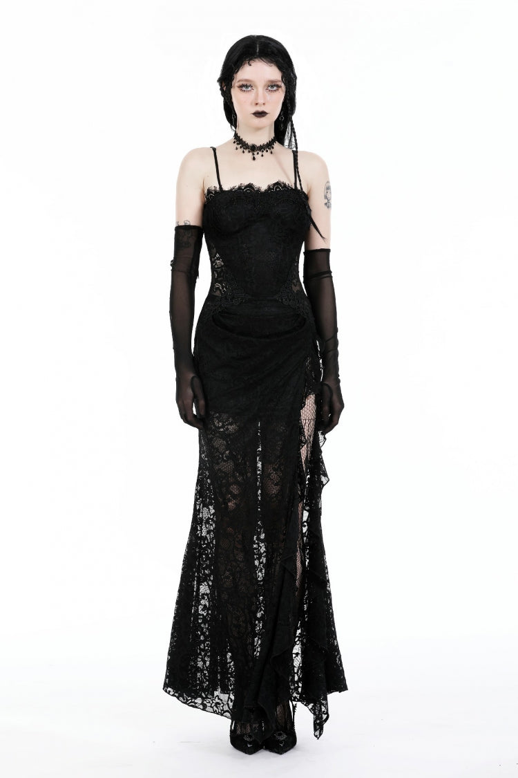 Sleeveless Side Slit Ruffled Lace Lace-Up Gothic Maxi Slip Wedding Dress