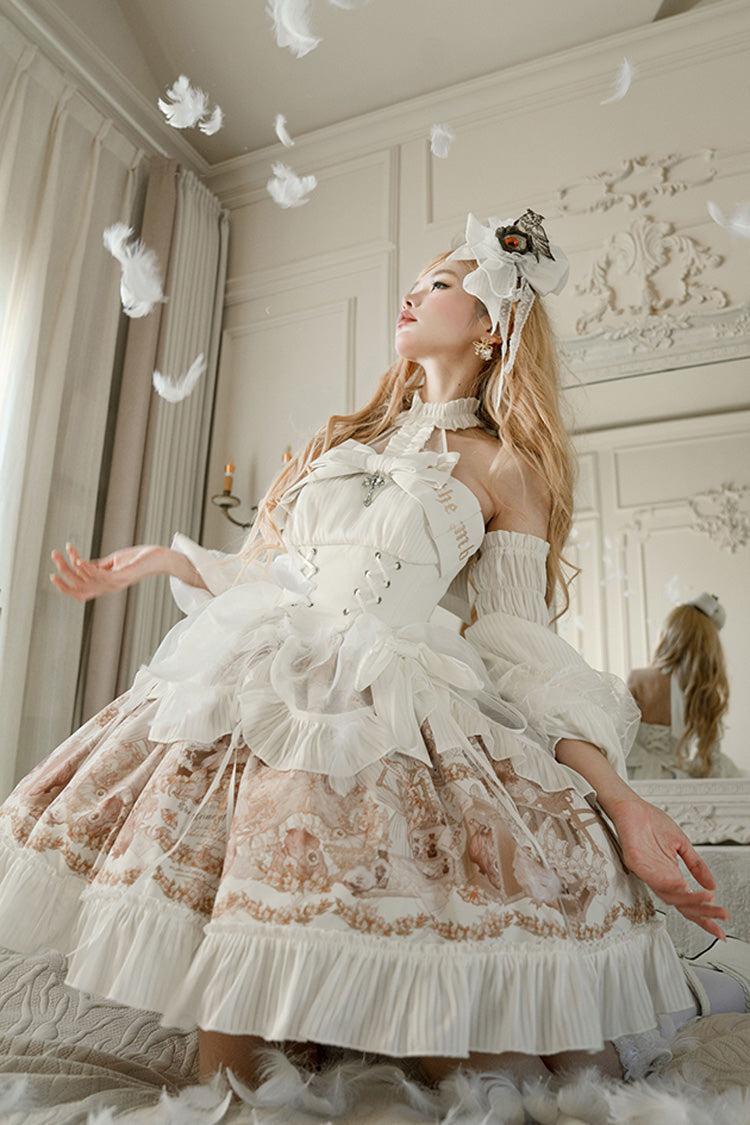 Ivory Halterneck Gothic Dress with Print and Bowknot - The Mystery of The Doll