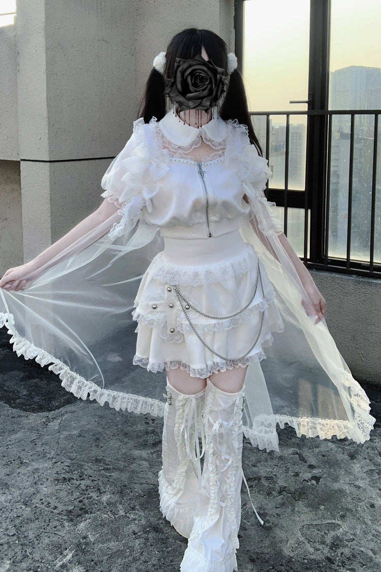 Gothic Layered Lace Zip Chain Skirt Set with Short Sleeves - Song of Atonement