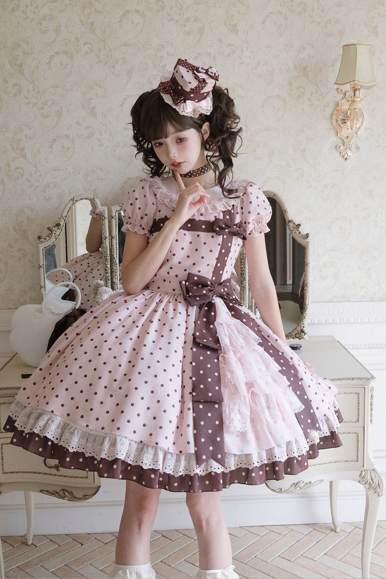 Canelé Gift Box Round Collar Short Sleeves Double-Layered Printed Polka Dot Ruffled Open-Front Bow Asymmetric Sweet Lolita Dress - Pink