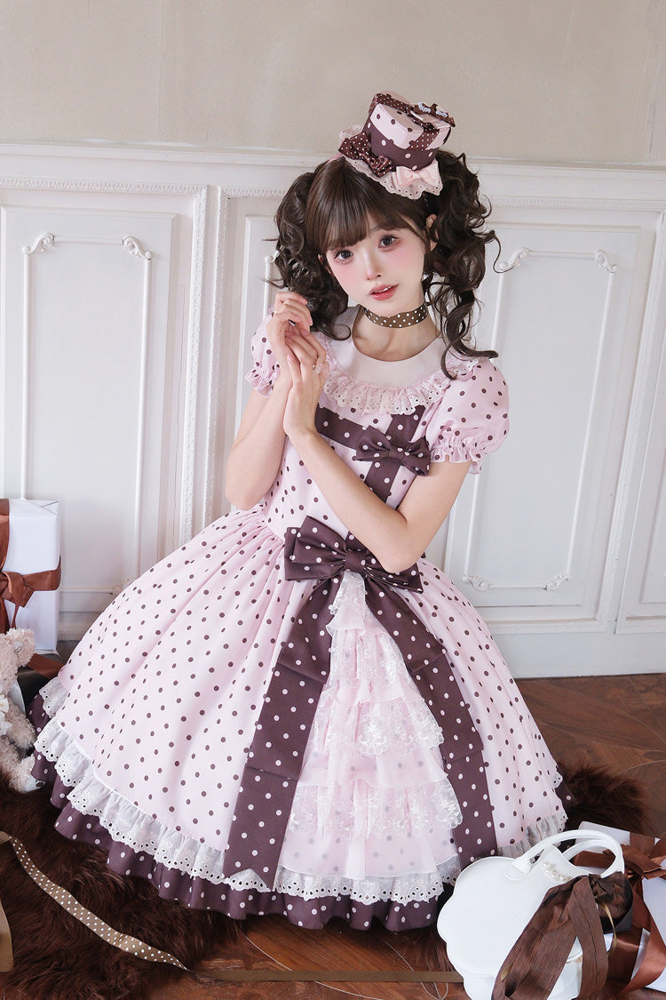 Canelé Gift Box Round Collar Short Sleeves Double-Layered Printed Polka Dot Ruffled Open-Front Bow Asymmetric Sweet Lolita Dress - Pink