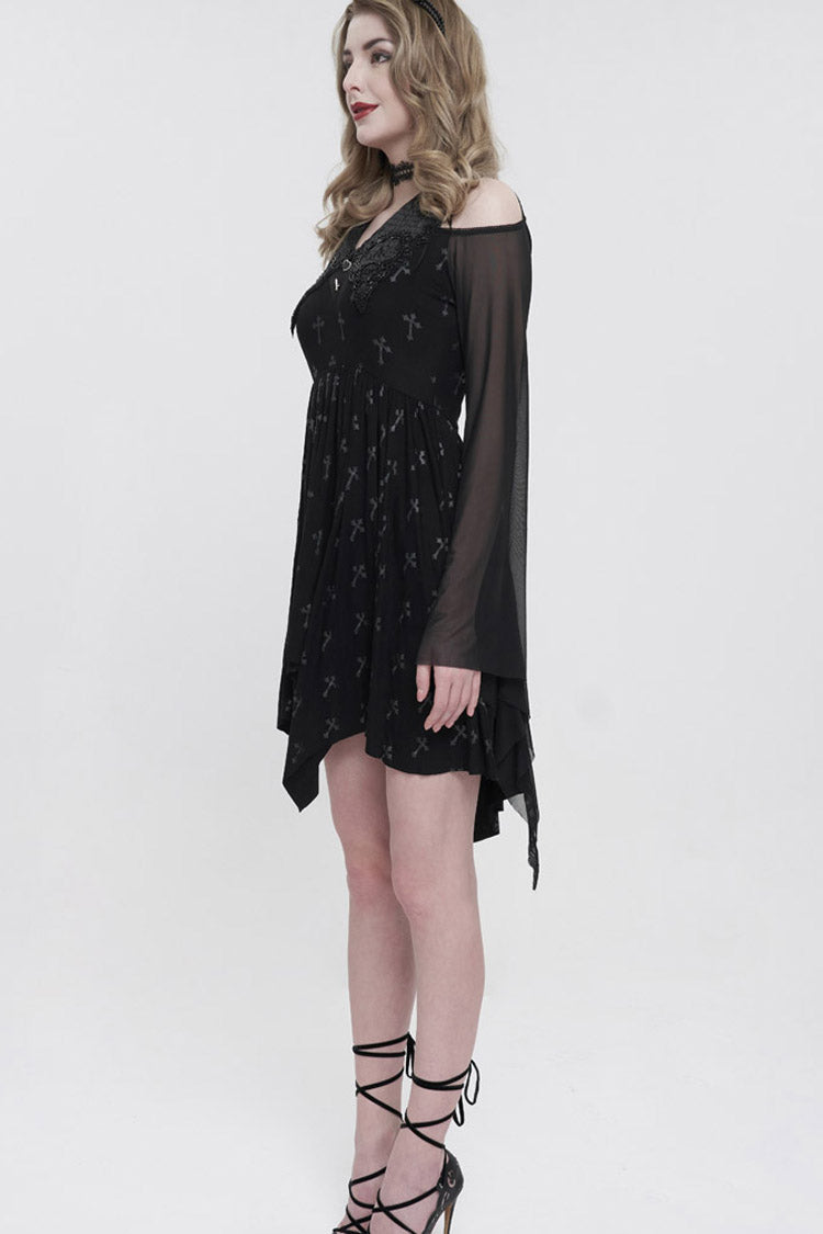 Cross Print Embroidered Beaded Neckline Mesh Flared Gothic Dress