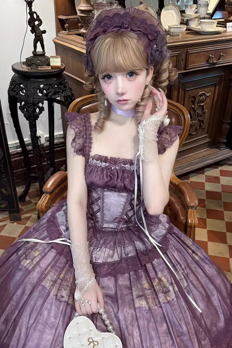 Violet Mist Vineyard Sleeveless Ruffled Bow Lace-Up JSK Skirt Set