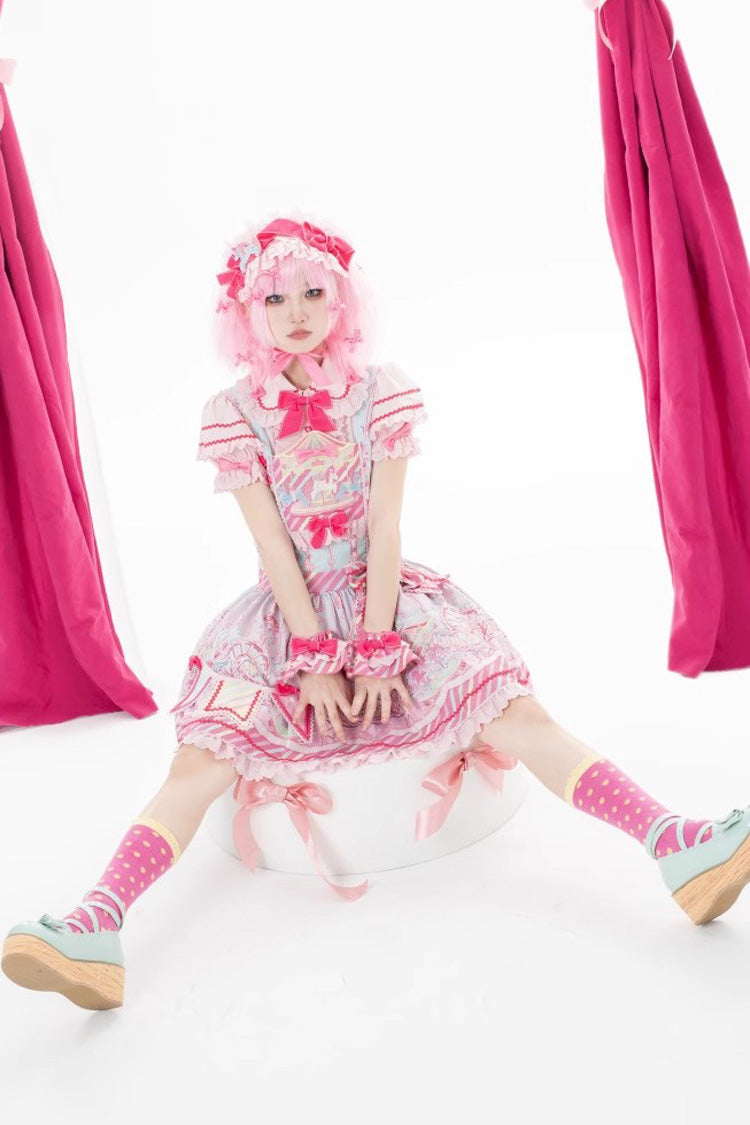 Sweet Lolita Strap Dress with Bowknot Ruffled Print in Two Hues - Candy Park