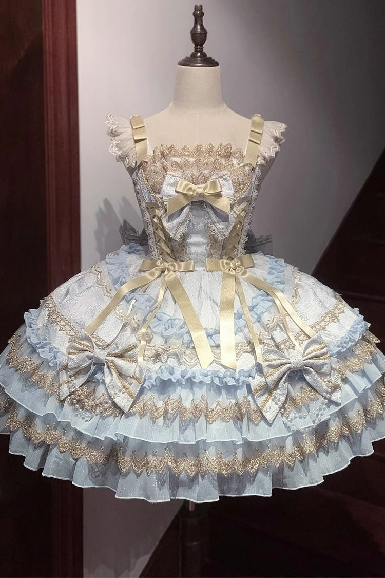 Ivory Sleeveless Double Ruffle Hot Stamping Bow Lace JSK