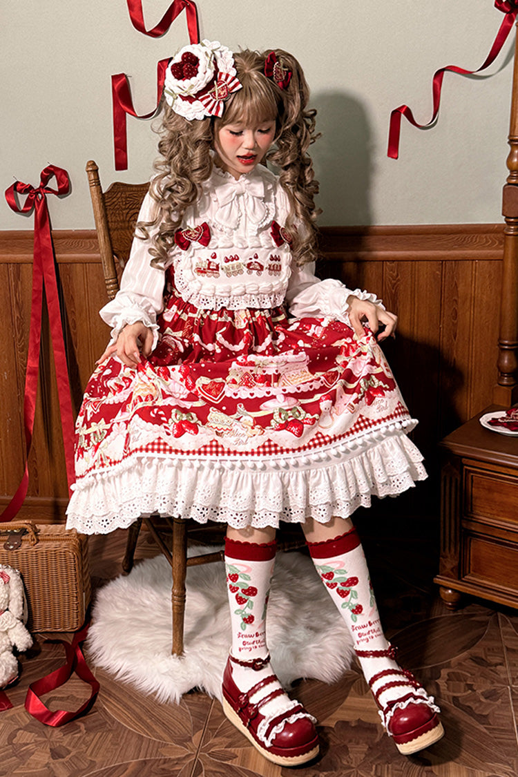 Mint Strawberry Dessert Printed High-Waisted Sweet Lolita JSK Dress - Ruffled