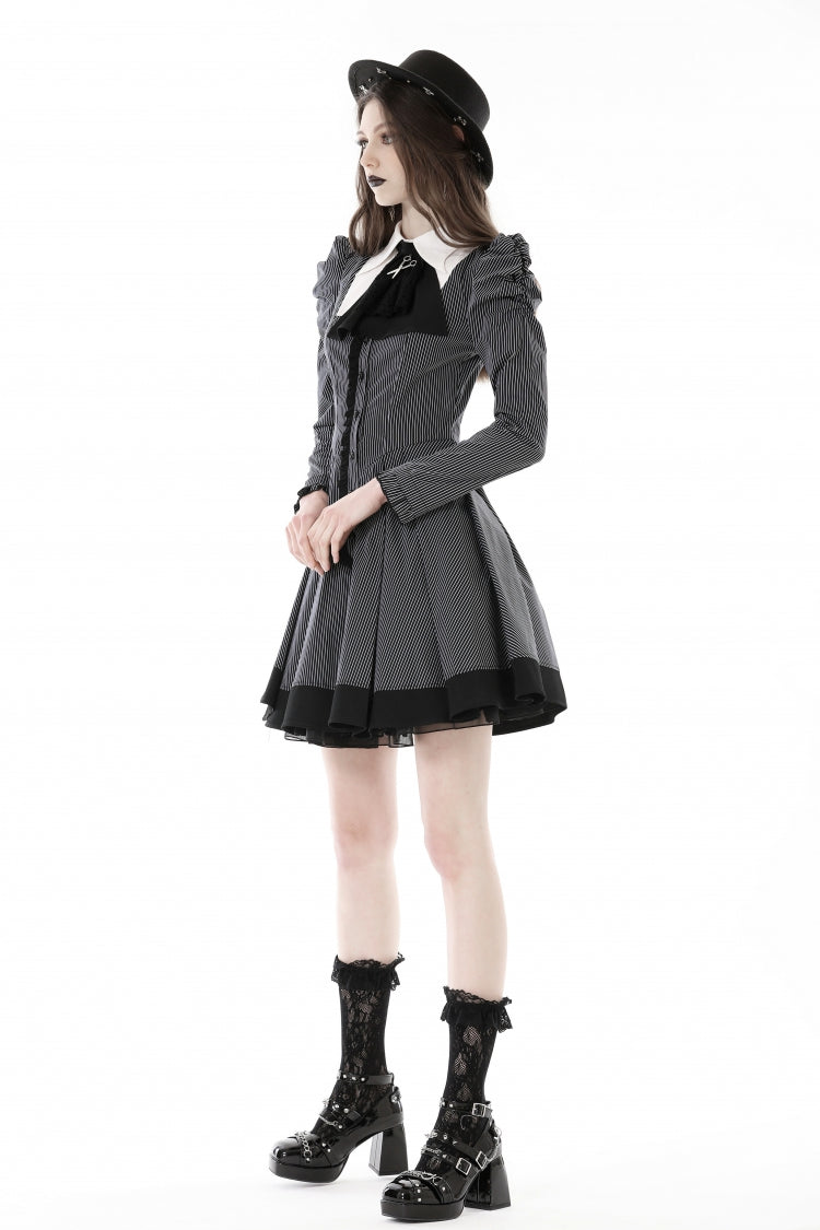Lapel Collar Long Puff Sleeves Striped Preppy Gothic Dress