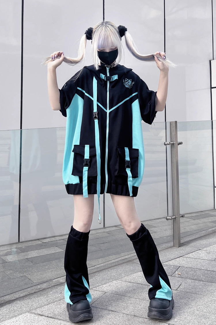 Black/Blue Cyberpunk Hooded Print Jirai Kei Sports Coat