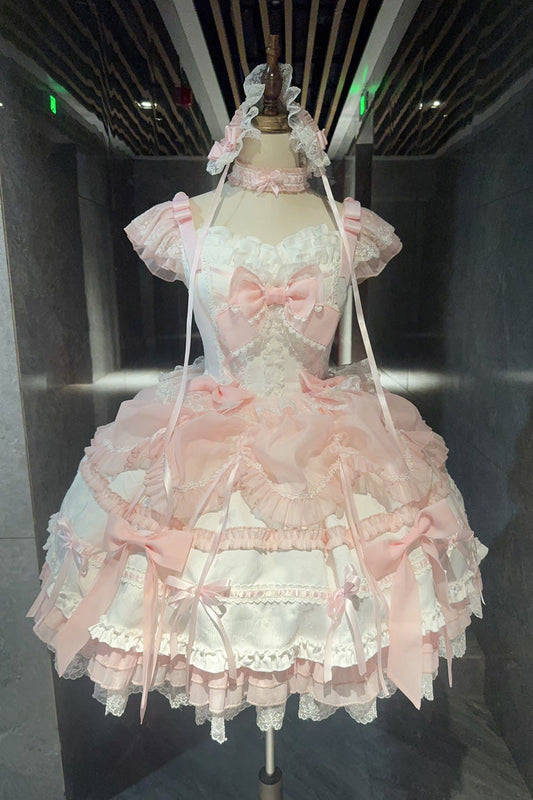 Pale Pink & White Sleeveless Triple-Layer Ruffled Bow Lace Ballet Sweet Lolita JSK