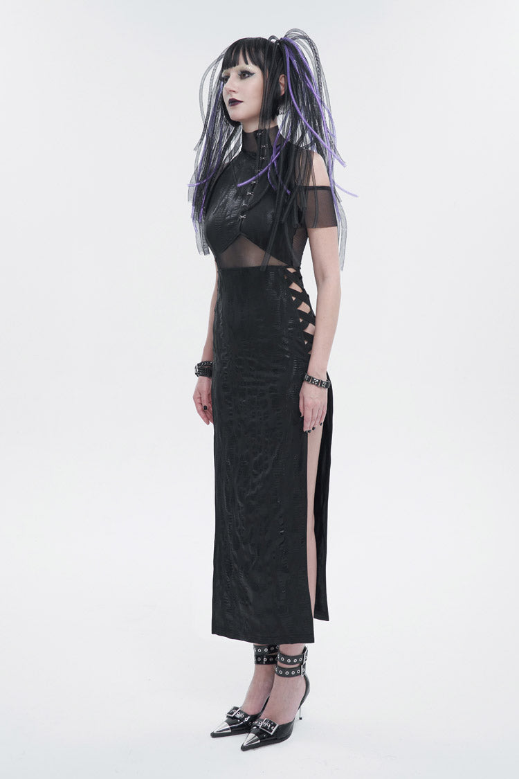 Knit Paneled Mesh Side Slit Punk Dress for Women
