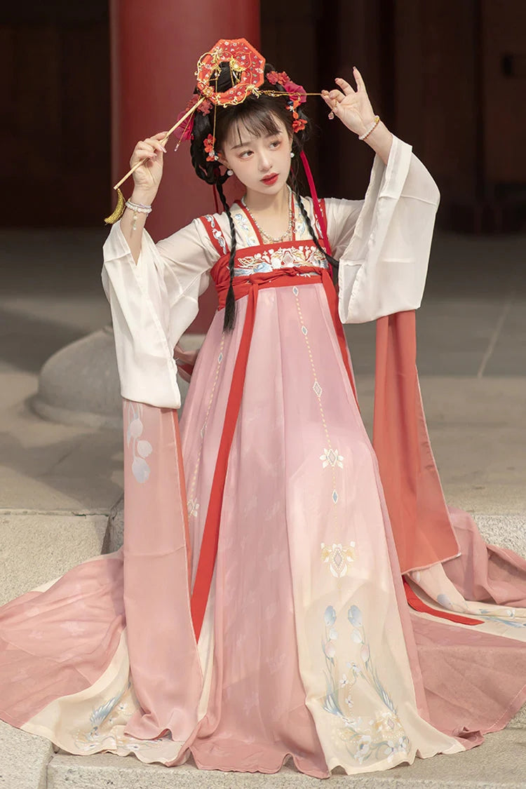 Blush Flared Sleeves High Waist Printed Embroidered Sweet Oriental Hanfu Complete Set