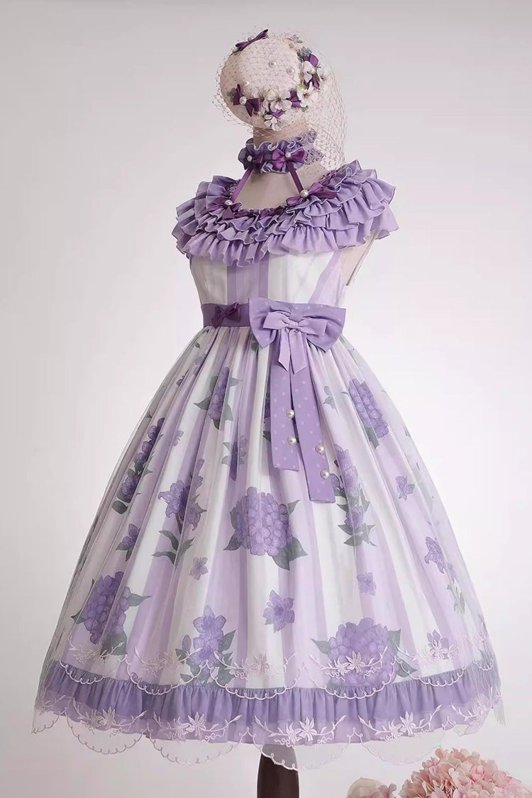 Endless Summer Violet Round Collar Hime Sleeves Printed Ruffled Bow Lace Lolita Dress - Endless Summer