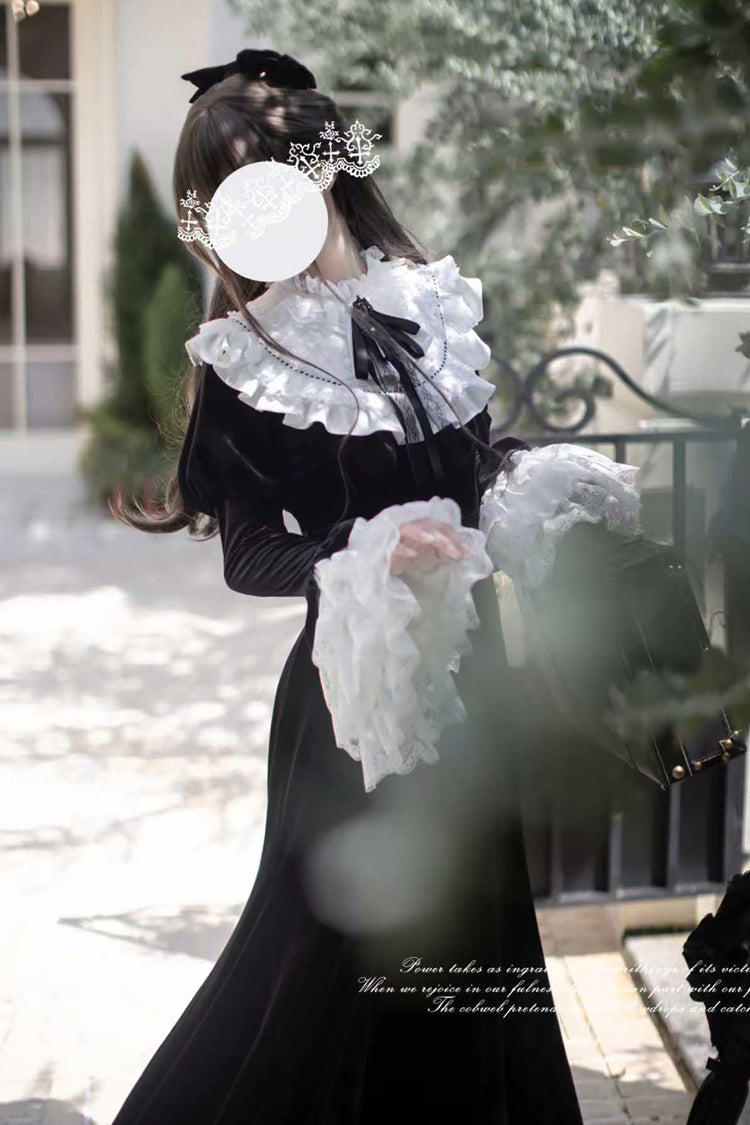 Velvet Hime Sleeve Ruffle Bowknot Gothic Lolita Fishtail Dress Black
