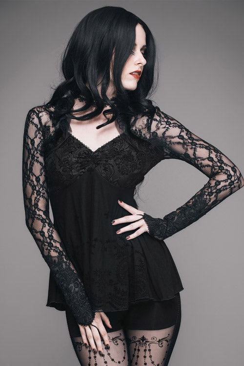 Gothic Mesh Tee with Rose Lace Trim and V-Neck
