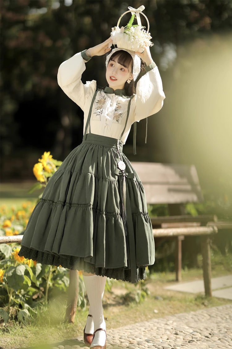 White/Green Country Sunflower Sweet Two-Piece Skirt Set - Sweet Lolita