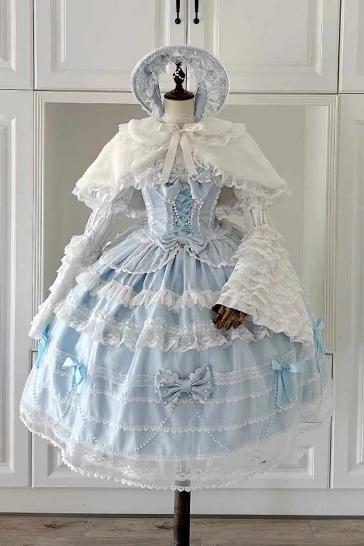 Showa Girl Triple-Layered Ruffle Lolita JSK Long Dress with Pearl Accents