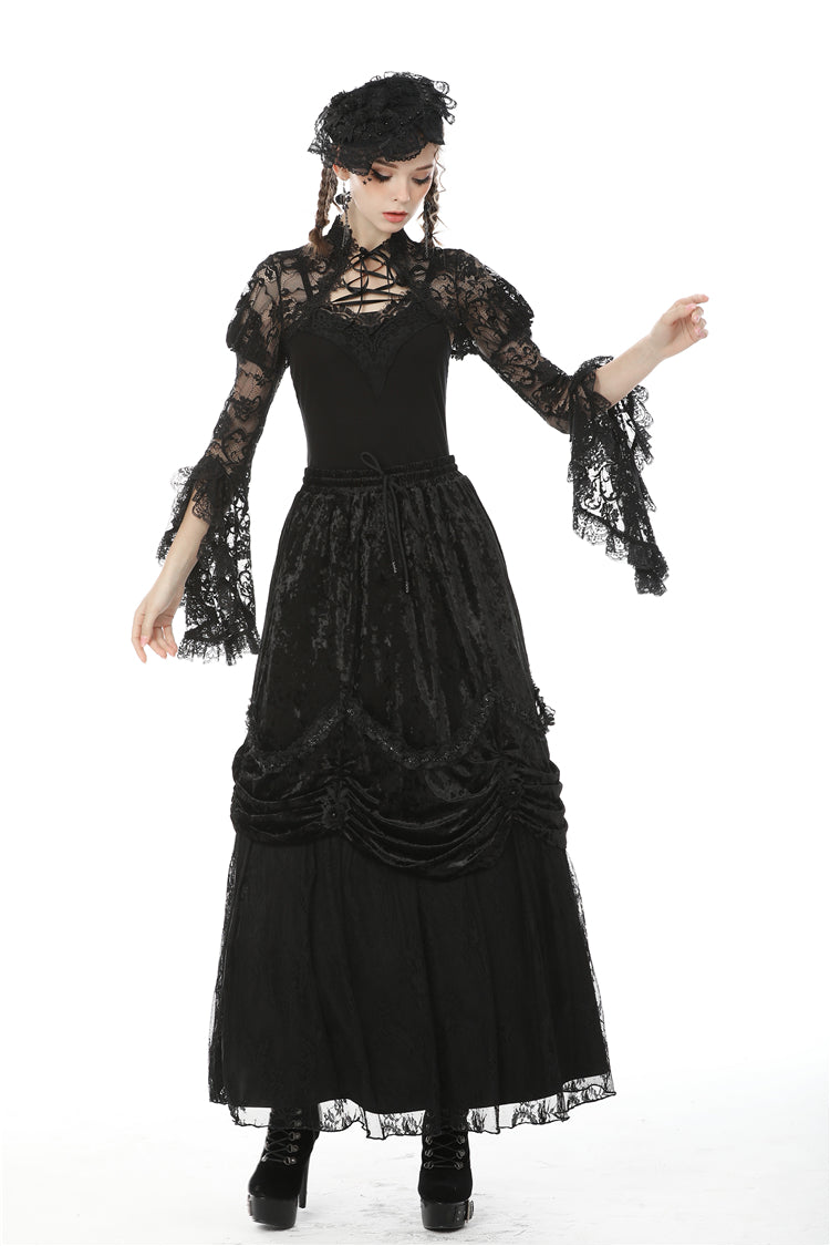 Jet-Black Gothic Cape with Sheer Floral Lace and Lacing for Women