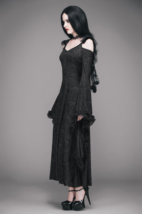 Stretchy Floral Off-Shoulder Hooded Black Dress